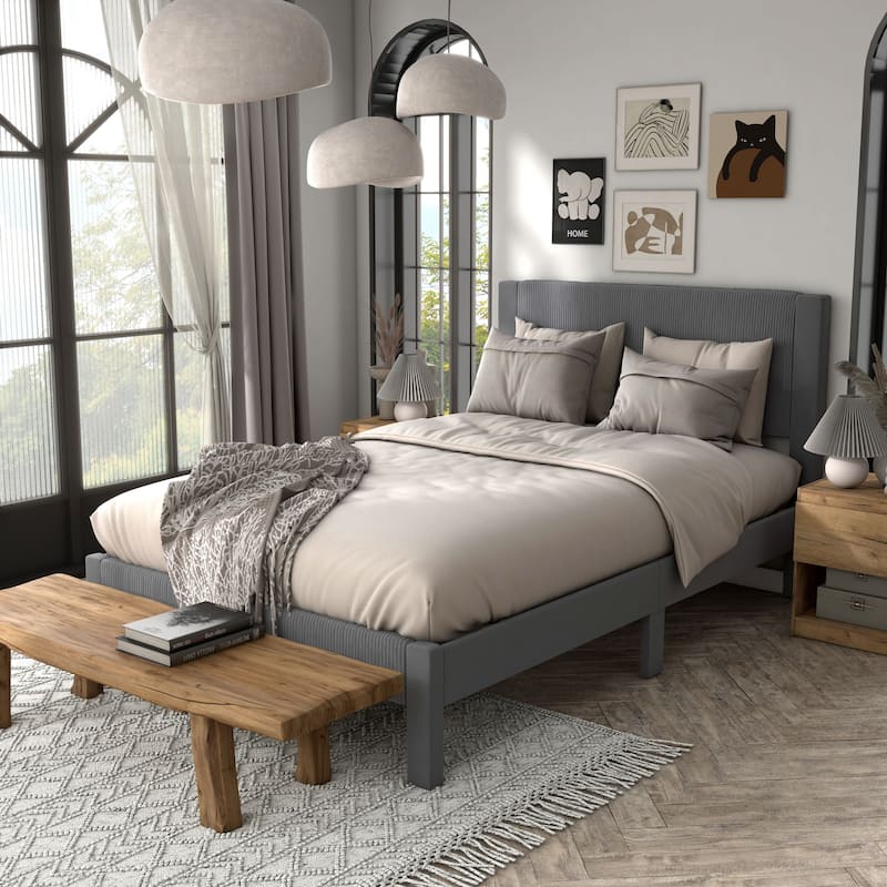 Furniture of America Alyssa Modern Velvet Upholstered Platform Bed with Channel Headboard and Wooden Slats - Grey - Full
