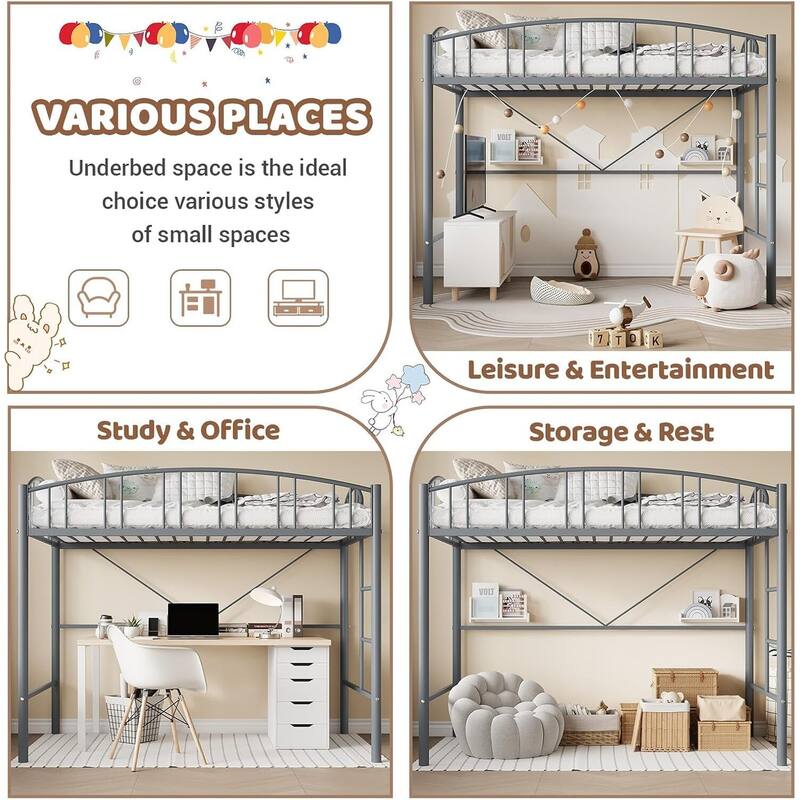 Space-Saving Twin Metal Loft Bed Frame, Safety Ladder, No Box Spring Needed