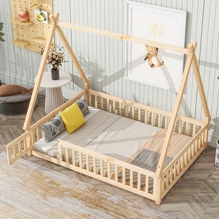 Full Size Tent-shaped Floor Bed with Guardrails, Slats, and Door, Features Pine Wood Construction