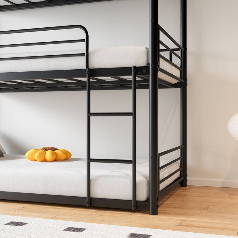 Triple Twin Bunk Beds, Twin Over Twin Over Twin Metal Bunk Bed Platform Frame, Two Attached Ladders