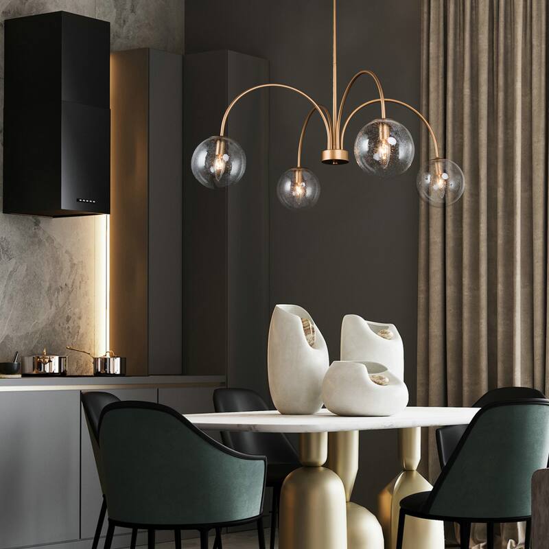 Koini Modern Gold Wheel Chandelier Curved Arms Seeded Glass Adjustable for Dining/ Living Room - Matte Gold - D33" x H79.5"