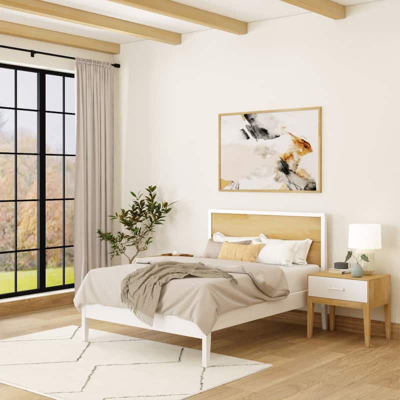 Plank and Beam Platform Panel Headboard Full-Size Bed - White/Natural - Full