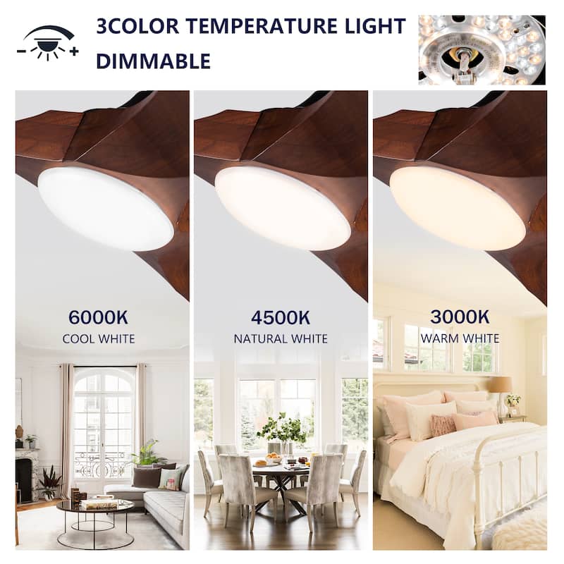 52 Inch Black Ceiling Fans With lights and Remote Control,18W Led Light, 3 Solid Wood Blades