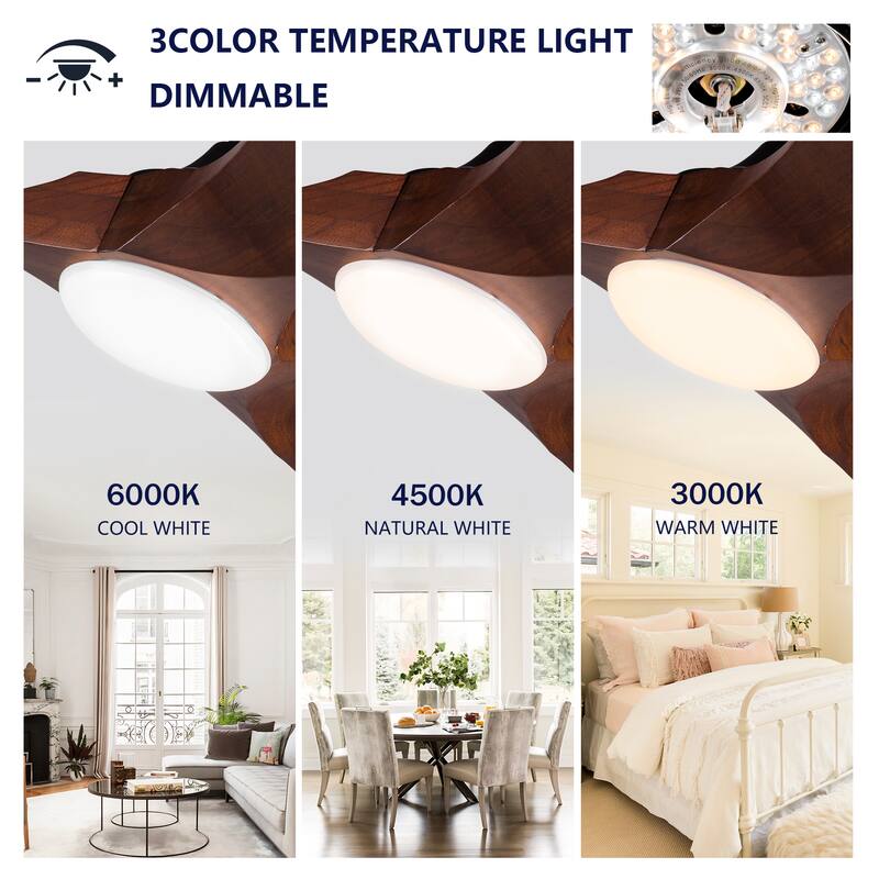 52 Inch Ceiling Fans With lights and Remote Control,18W Led Light, 3 Solid Wood Blades, Reversible DC Motor