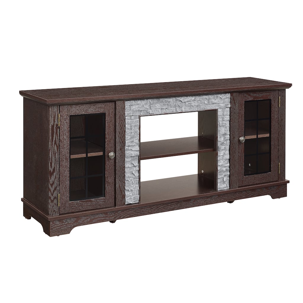 Modern TV Stand, Faux Stone Media Console Cabinet, Entertainment Center with 2-Door Storage, for Living Room, Cherry