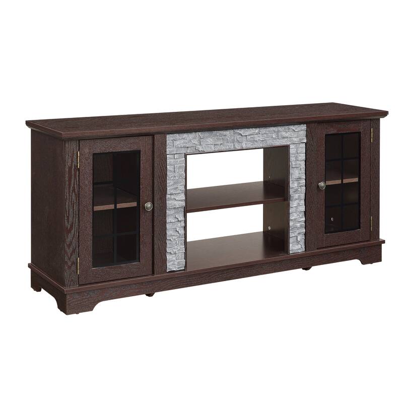 Modern TV Stand, Faux Stone Media Console Cabinet, Entertainment Center with 2-Door Storage, for Living Room, Cherry - Red