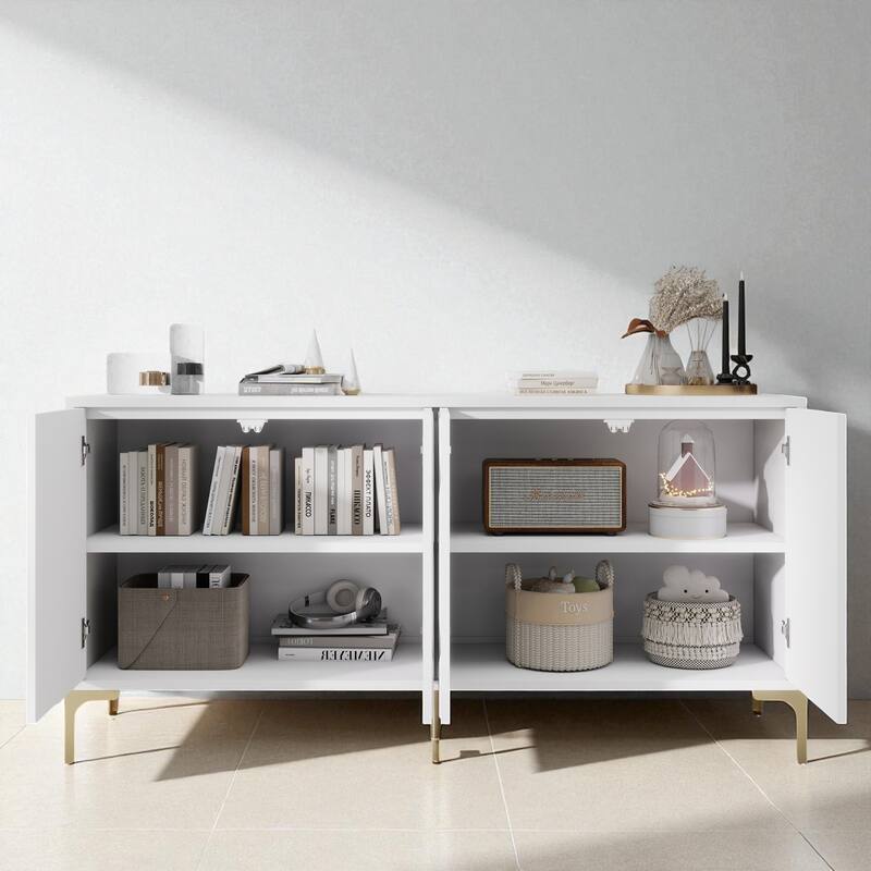 Modern 4-Door Sideboard with Press-to-Open Doors, Carved Texture, High Gloss Finish and Gold Metal Legs