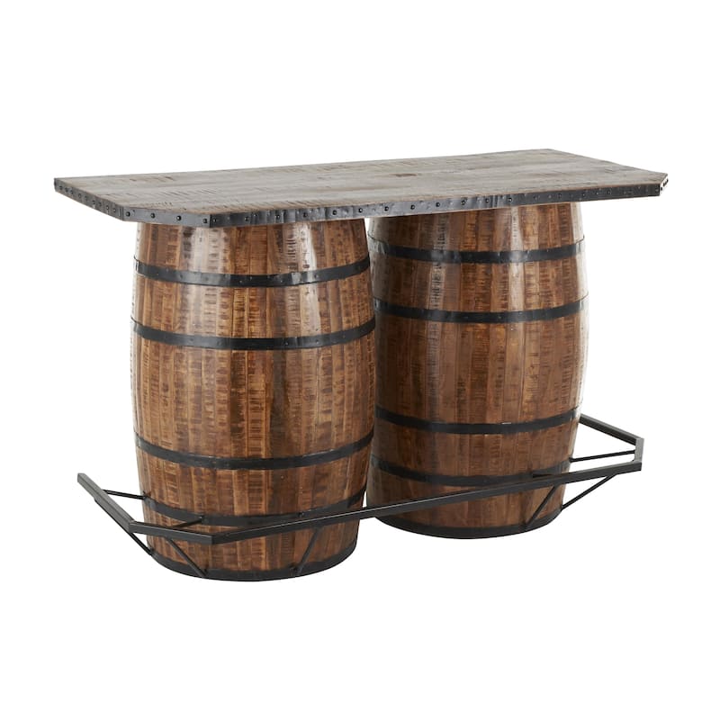 Brown Mango Wood Barrels Bar with Live Edge Tabletop and Black Metal Support - 30"W x 63"L x 40"H