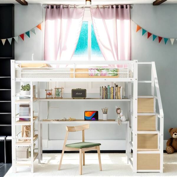 slide 2 of 12, 3 In 1 Design Twin Size Metal Loft Bed with Staircase, Built-In Desk and Storage Shelves White