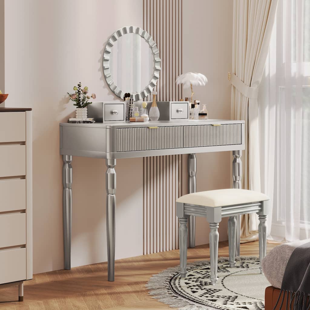 Silver Makeup Vanity Desk with Stool, 4 Drawers Dressing Table Set with Sunflower-shaped Vanity Mirror