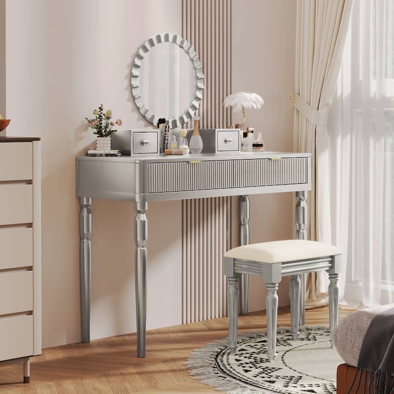 Silver Makeup Vanity Desk with Stool, 4 Drawers Dressing Table Set with Sunflower-shaped Vanity Mirror - Silver
