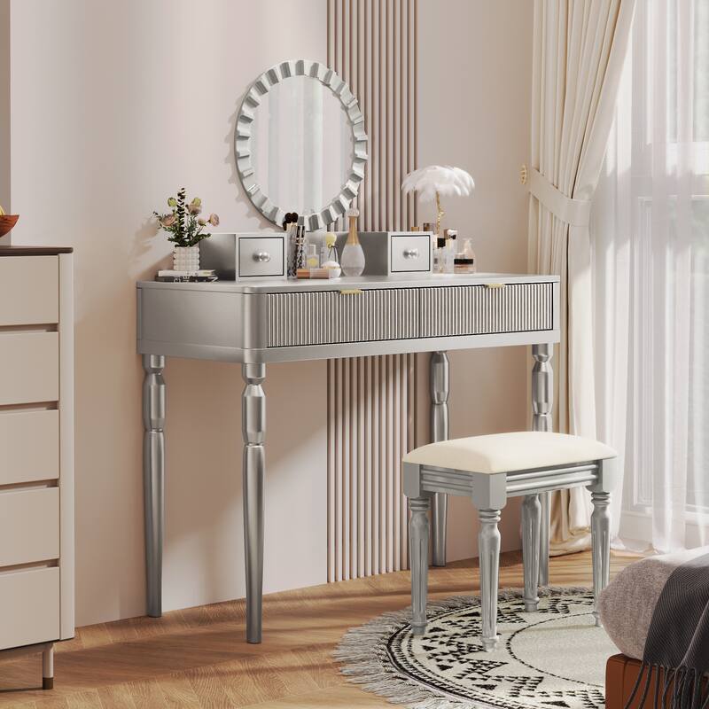Vanity Desk with Adjustable Round Mirror, Wooden Dressing Table Set, Makeup Vanity Table with 4 Drawers & Cushioned Stool