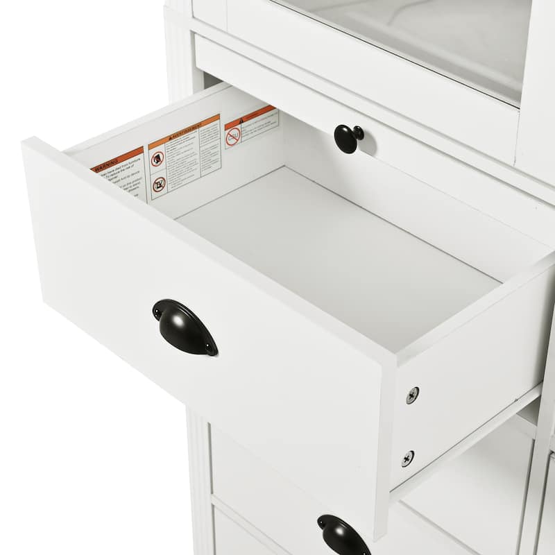 72''H Kitchen Pantry, Display Storage Cabinet with Glass Doors and Drawers, Serving Trays and Shelves