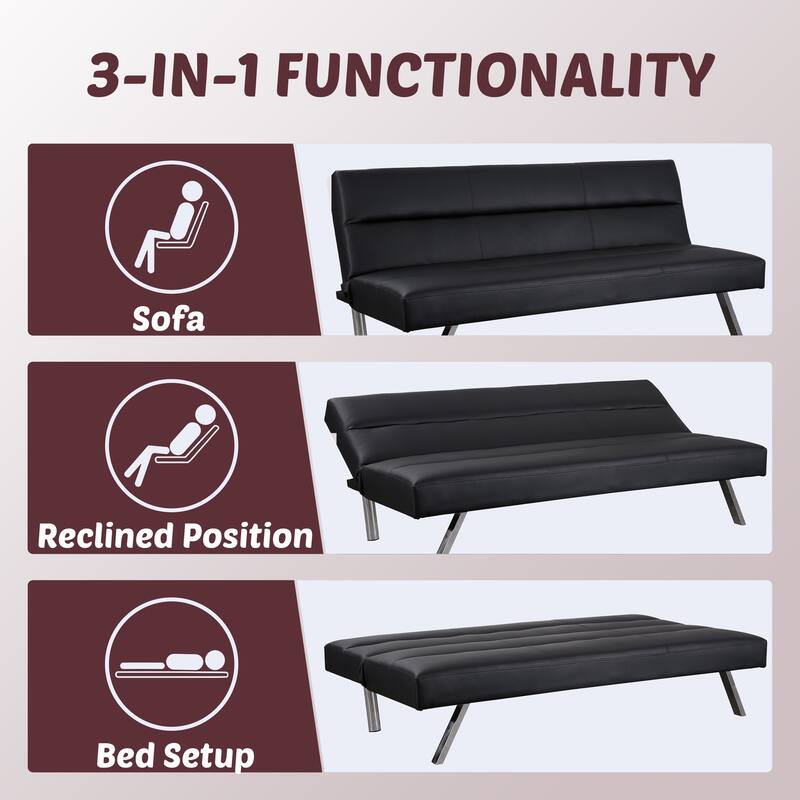 Convertible Faux Leather Futon Sofa Bed - Modern Folding Reclining Couch with Chrome Legs for Small Spaces