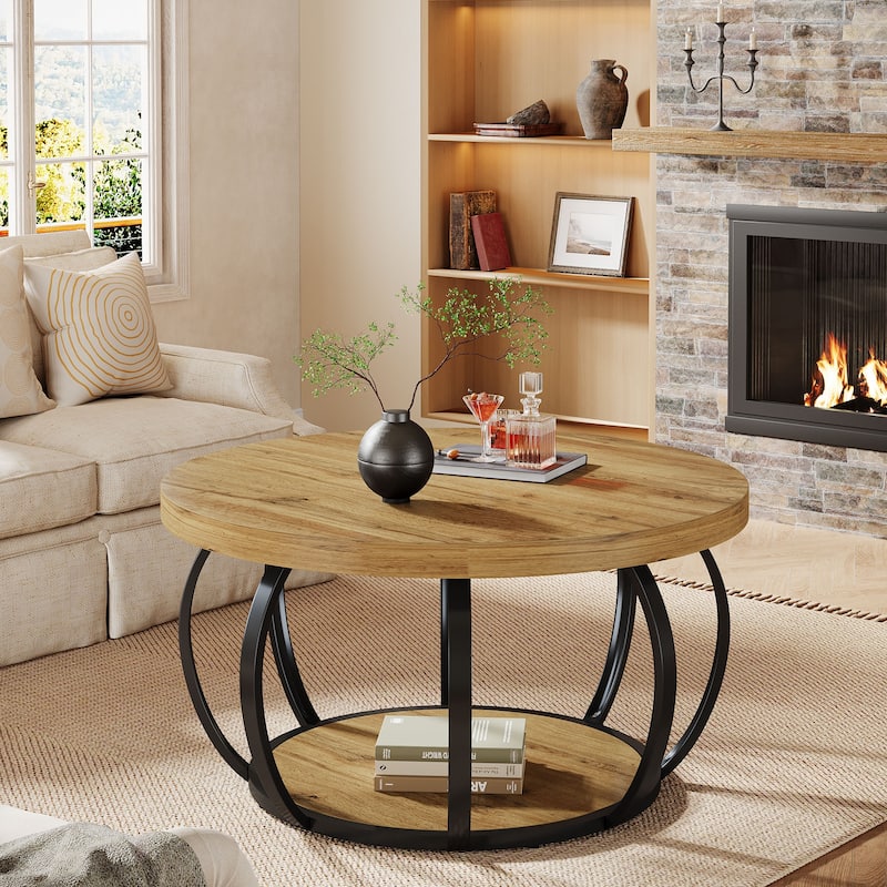 Round Coffee Table with 2-Tier Storage Shelves and Metal Frame