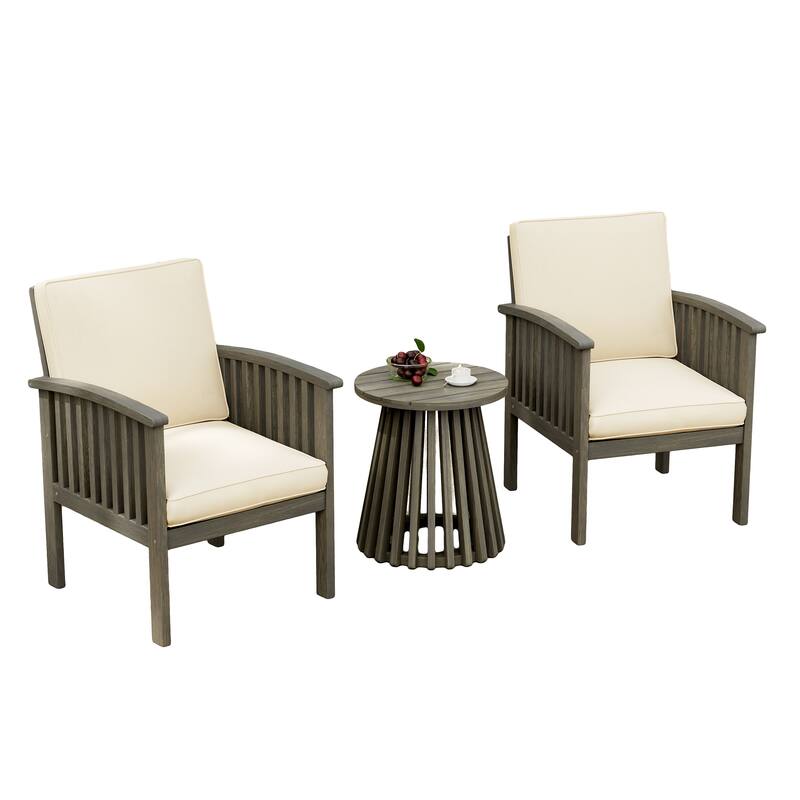 Roomfitters 3-Piece Acacia Wood Patio Set, 2 Modern Club Chairs & Foldable End Table, Cushions