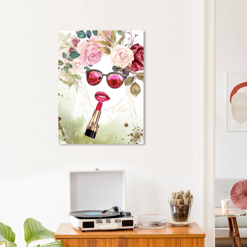 Wynwood Studio Fashion and Glam Flower Lips Pink and Pastel Pink Modern & Contemporary Wall Art Canvas Print - 24 x 20