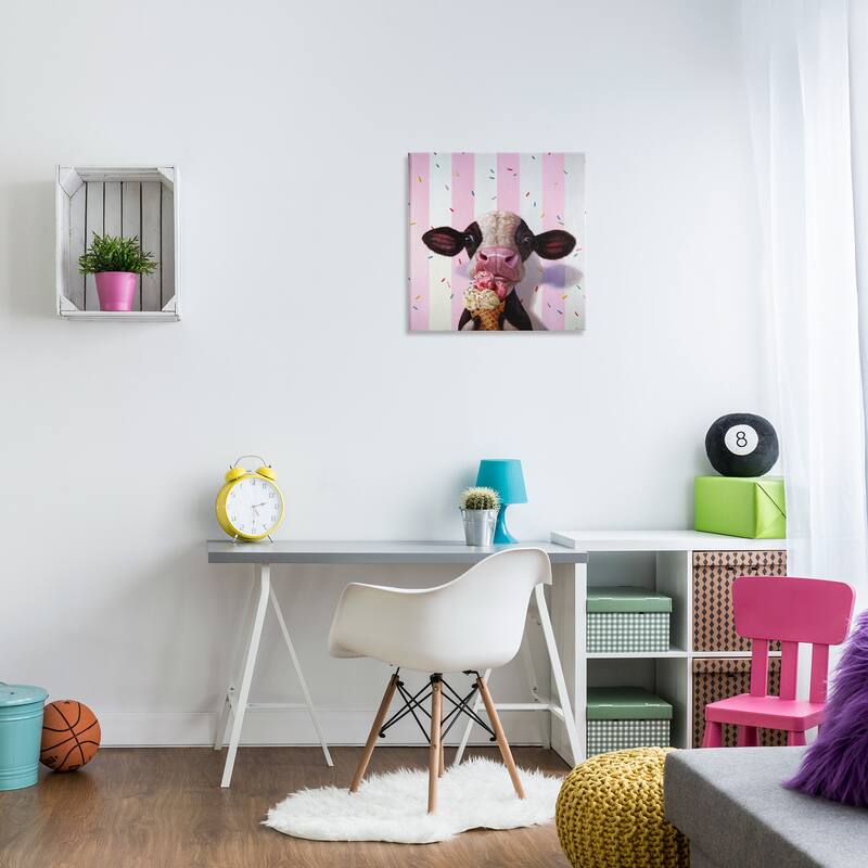 Stupell Cute Baby Cow with Ice Cream Cone Pink Stripes Canvas Wall Art