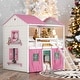 preview thumbnail 2 of 18, Full Size Bunk Wood House Bed with Elegant Windows, Sills and Tent-Pink+White