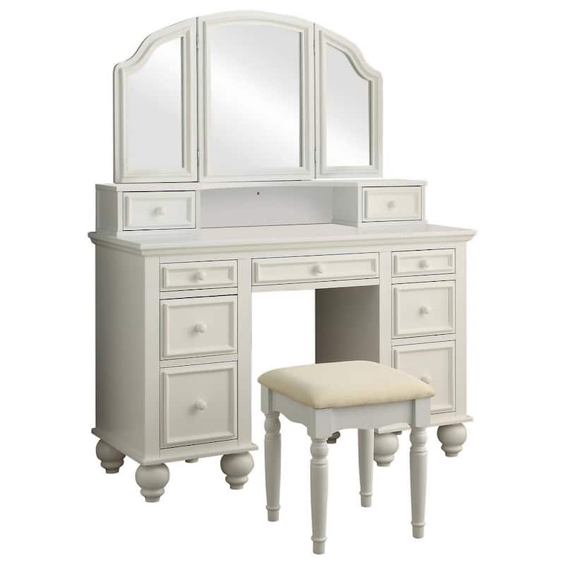 Cael 60 Inch Vanity Desk with Stool, Drawers, 3 Sided Mirror, White Wood