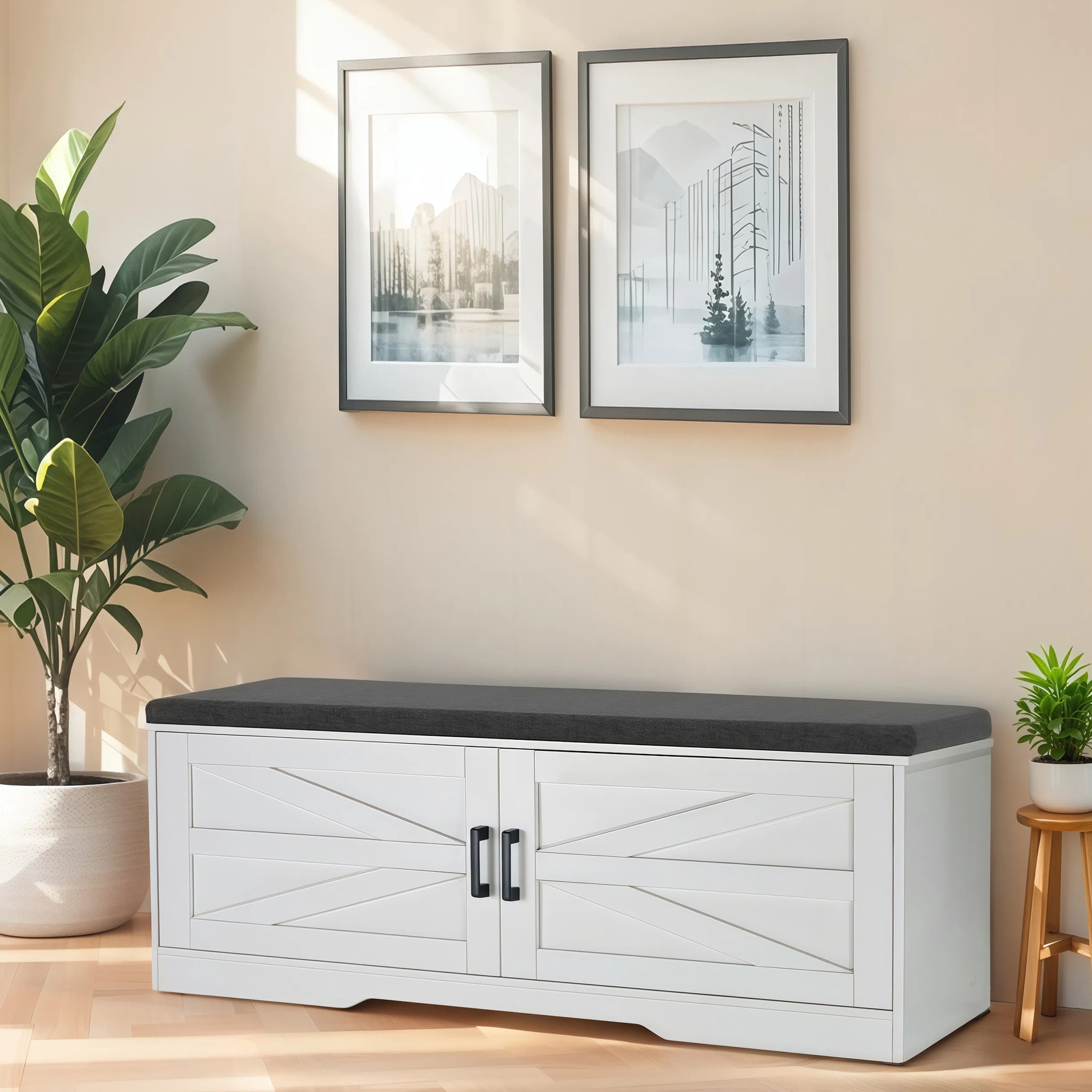 2-Tier Storage Bench Shoe Bench with Padded Seat, Entryway Bench with 2 Barn Doors & 2 Adjustable Shelves