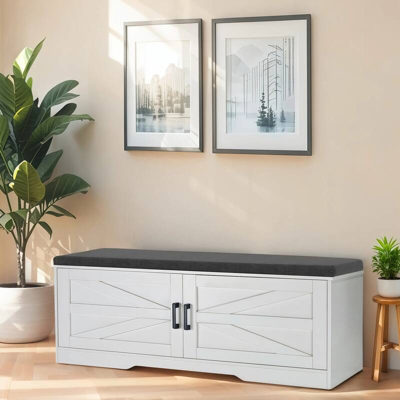2-Tier Storage Shoe Bench with Padded Seat Cushion,Bench with 2 Barn Doors & 2 Adjustable Shelves,13.75"Dx39.4"Wx17.72"H