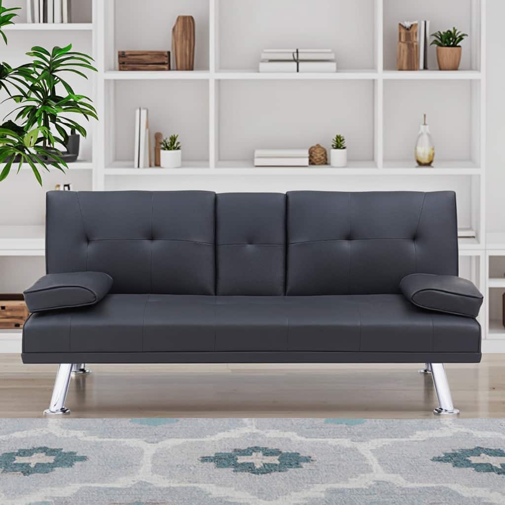 Adjustable Loveseat Couch PU Leather Sleeper Sofa Bed w/ Folding Table