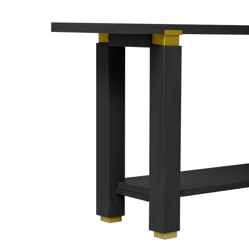 62.9" Modern Minimalist Console Table, Solid Wood Entryway Sofa Table with Metal Accents, Built-in Shelf