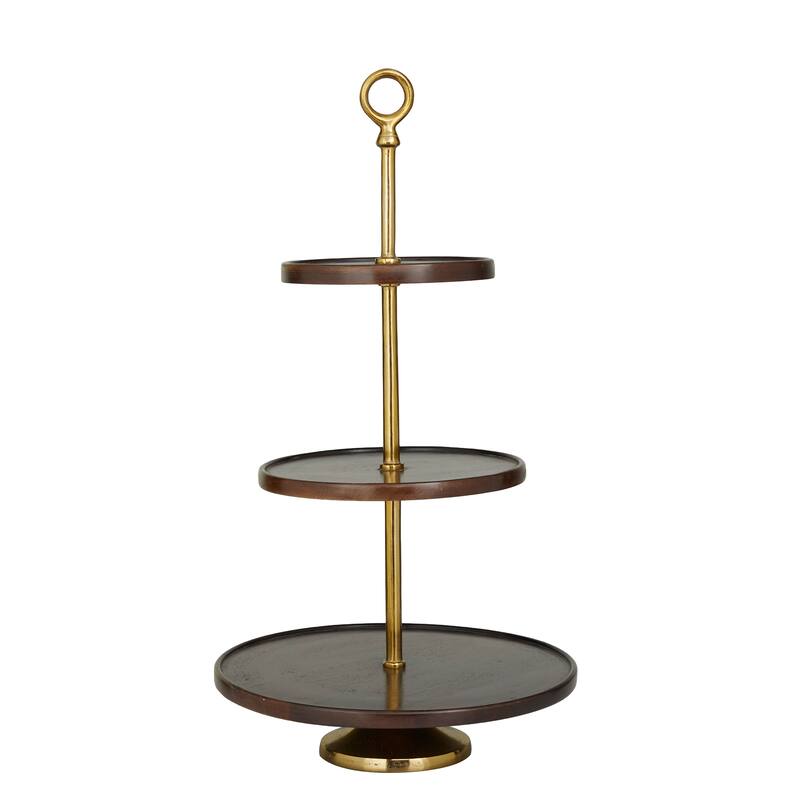 Dark Brown Mango Wood Tiered Server with Aluminum Bases or Gold Stand - 2 Tier or 3 Tier