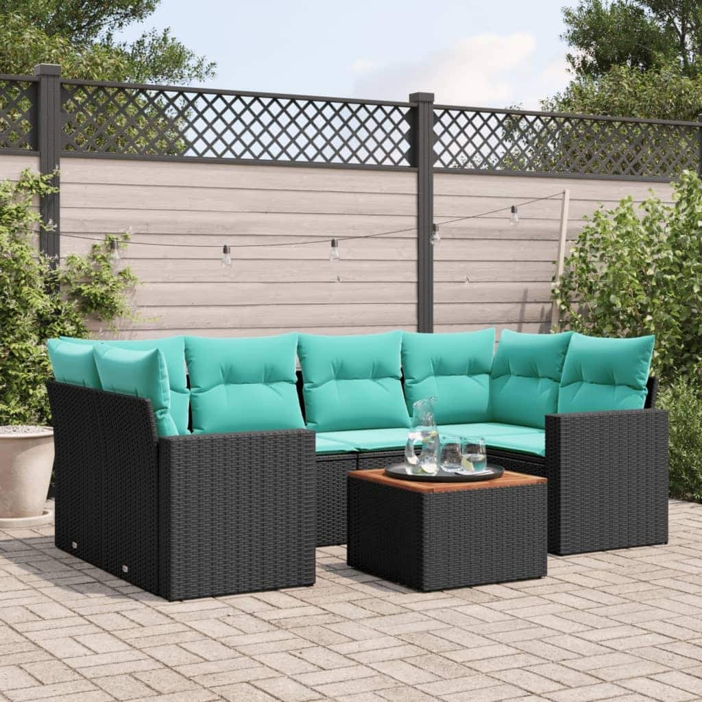 vidaXL 7 Piece Patio Sofa Set with Cushions Black Poly Rattan - 24.4 x 24.4 x 27.2
