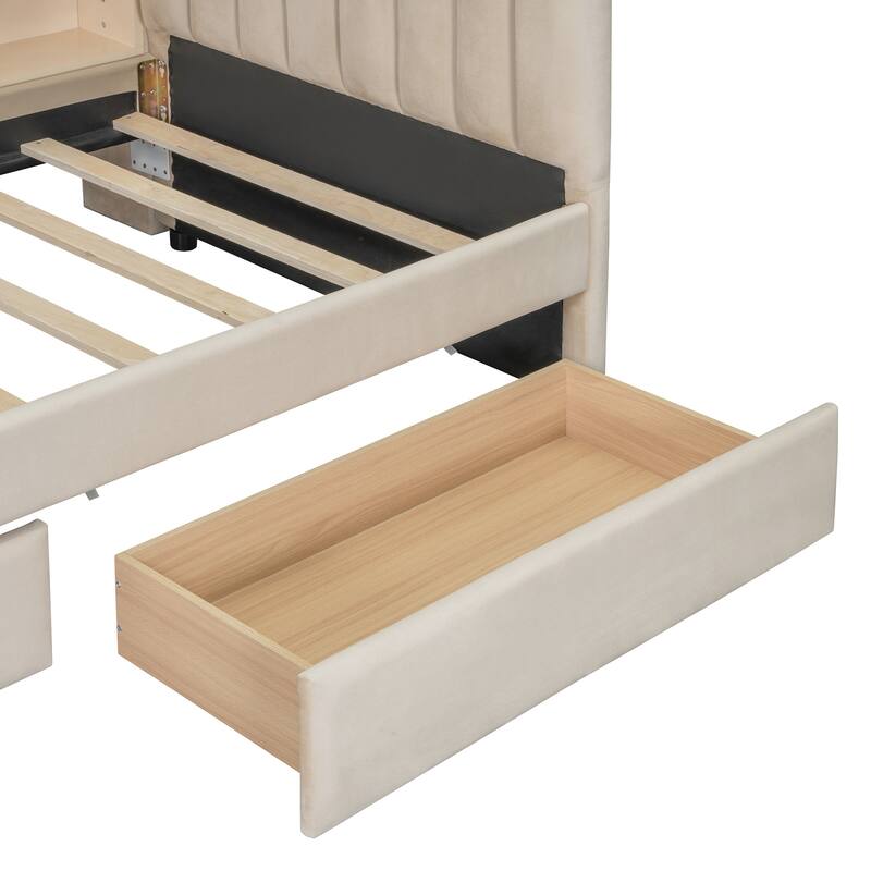 Twin Size Upholstered Daybed with Drawers, Shelves, Flip Cabinets & Side Table
