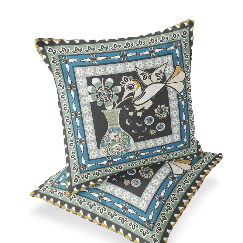 HomeRoots Set of Two 16" X 16" Black and Blue Peacock Blown Seam Floral Indoor Outdoor Throw Pillow - 16.00' X '16.00' X '5.00