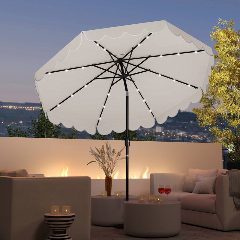 9.3 FT Outdoor Patio Polyester Umbrella with Solar LED Lights and Tilt Crank Metal Frame for Garden Deck