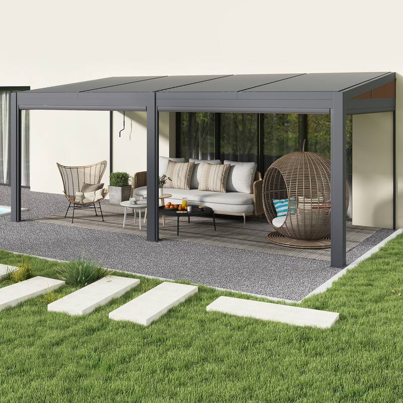 Erommy Wall-Mounted Pergola with Louvered Roof & Pull-Down Screen, Aluminum Awning for Patio or Deck