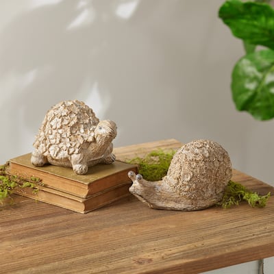 Turtle and Snail with Floral Shell Decorations - 7" - Brown - Set of 2