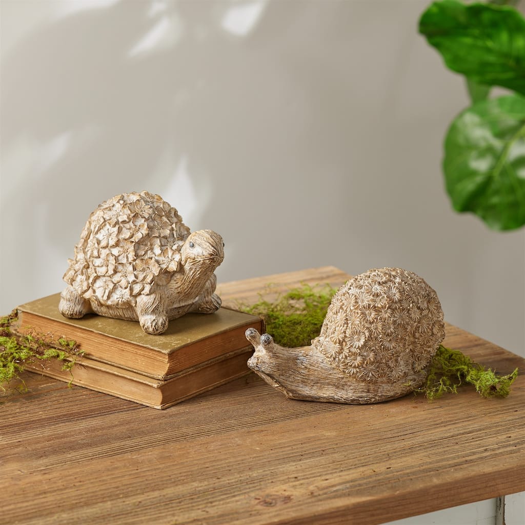 Turtle and Snail with Floral Shell Decorations - 7" - Brown - Set of 2