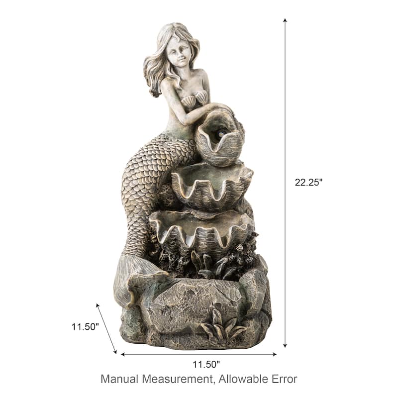 Glitzhome 22"H 4-Tiered LED Lighted Mermaid Fairy Polyresin Outdoor Floor Statue Fountains