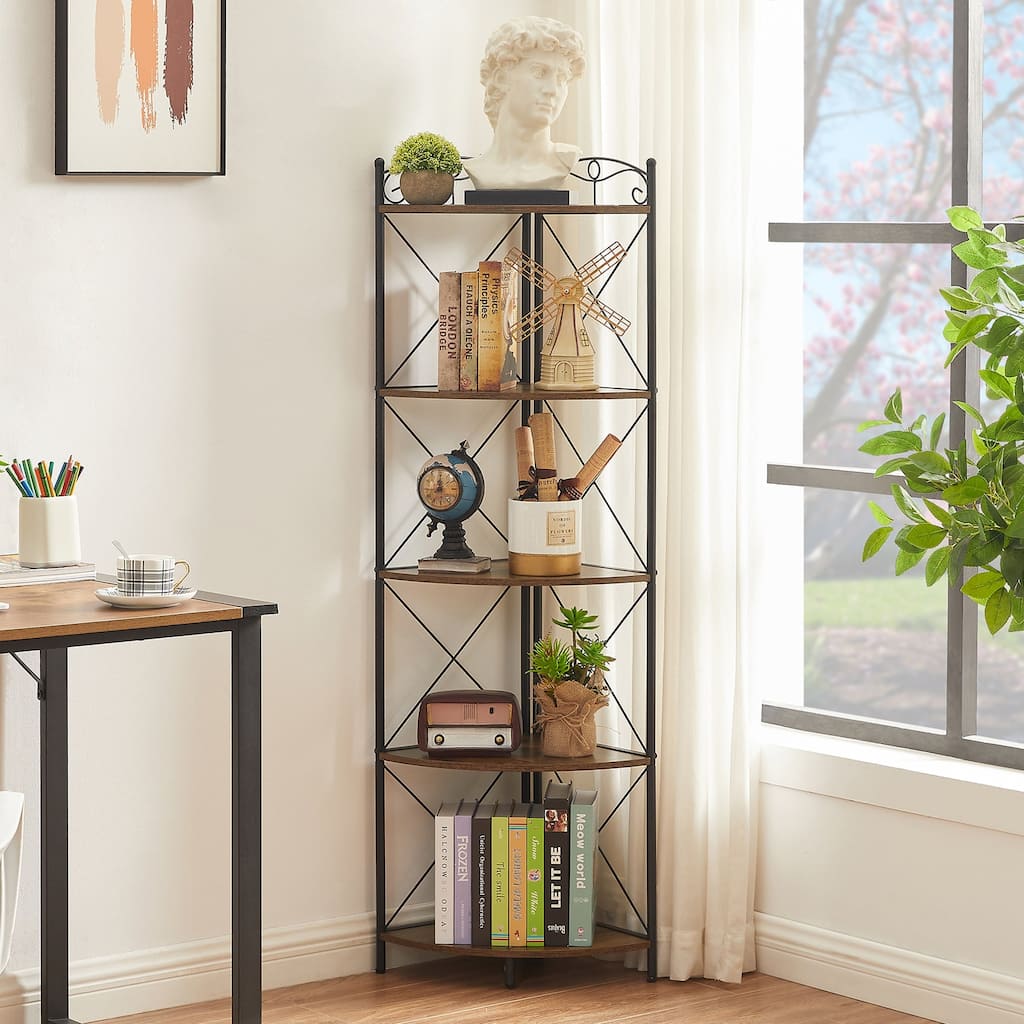 VECELO 5-Tier Corner Bookshelf, Brown Fan-Shaped MDF Shelf with Black Metal Frame Open Storage Organizer for Living Room Bedroom