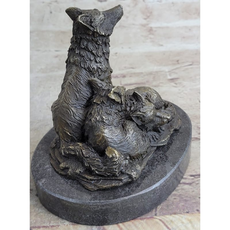 Wolf And Cubs Bronze Miniature Statue Sculpture Marble Base Desktop 4 Inches X 5 Inches