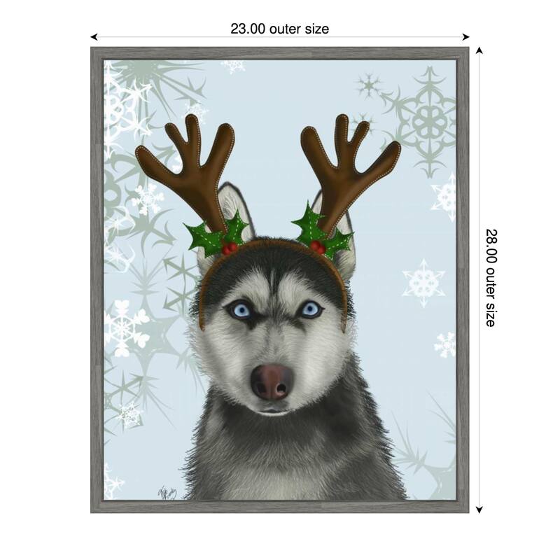 Husky and Antlers by Fab Funky (23 x 28 in.), Framed Canvas Wall Art Print - Sylvie Greywash