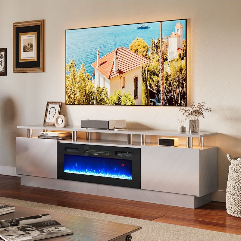 80" 2 Tier TV Console Stand for TVs Up to 90",with 36" Electric Fireplace - Grey