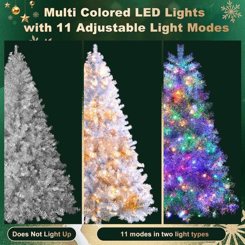 4FT Sliver Pre-Lit Artificial Christmas Tree,Hinged Full Tree with Metal Stand,400 Branch Tips,150 LED Lights,11 Lighting Modes