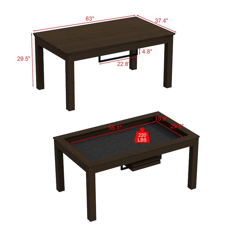 63" Convertible Board Game Table Multi-Purpose Dining & Work Table with Hidden Gaming Surface, Removable Top Panels