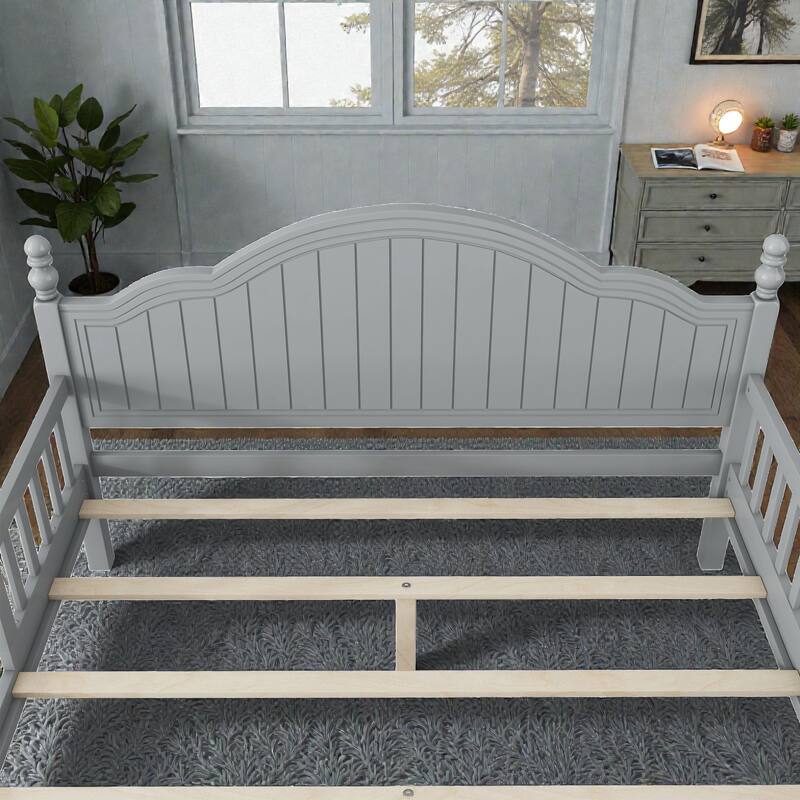 Kids Wooden Platform Bed with Safety Guardrails, Low Profile Bed with Headboard and Footboard