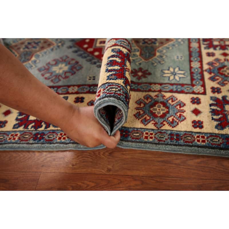 Light Blue Geometric Kazak Accent Rug Hand-Knotted Wool Carpet - 2'7" x 4'3"