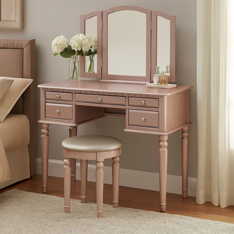 Vanity Set with Turned Tapered Legs and Three Piece Mirror, Rose Gold