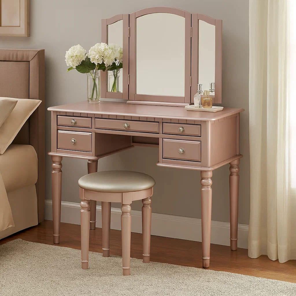 Vanity Set with Turned Tapered Legs and Three Piece Mirror, Rose Gold