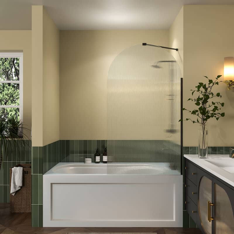 33''x 58'' Bathtub 8mmTempered Glass Frameless Shower Door, Fixed Glass Half Panel in Black/Gold
