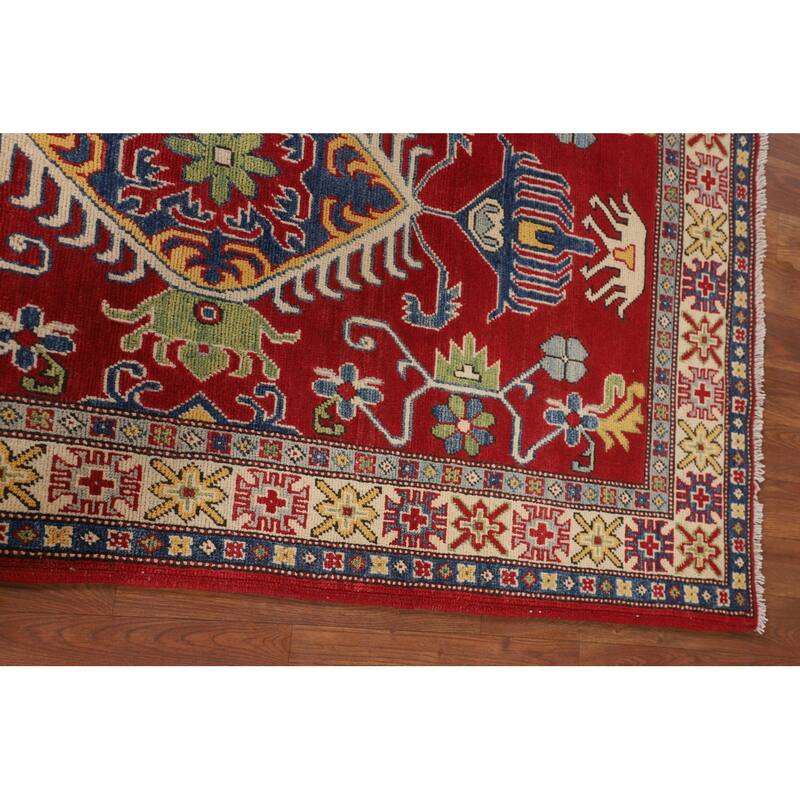 Red Geometric Kazak Rug Handmade Oriental Foyer Wool Carpet - 3'3" x 5'5"
