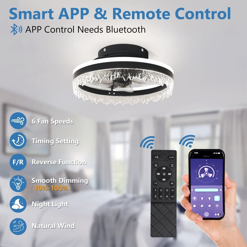 16" Black Modern LED Ceiling Fan Light with Remote & Crystal Design